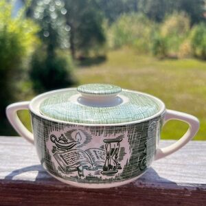 1950s Vintage Royal China Colonial Homestead Green Sugar Bowl & Lid